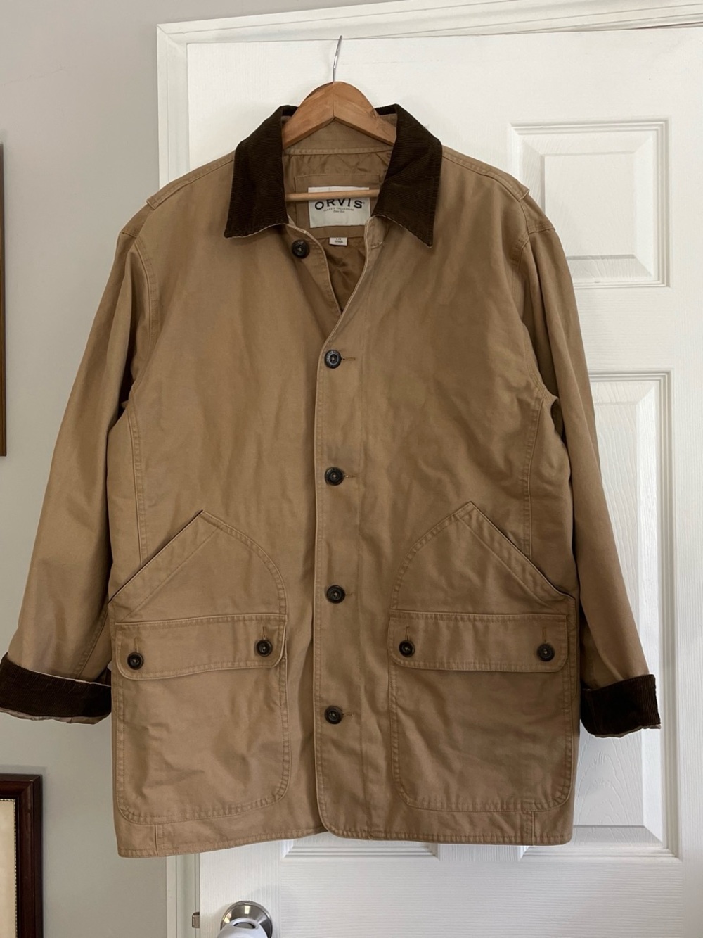 Orvis Men's Tan Canvas Field barn Jacket chore coat with Dark Brown Corduroy